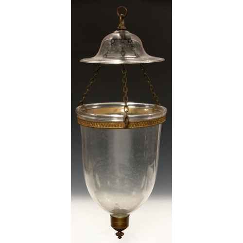 625 - A GLASS HALL LANTERN, 19TH C with brass mount and stamped giltmetal collar with three hooks, glass s... 