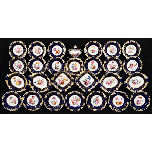 63 - A JOHN RIDGWAY DESSERT SERVICE, C1820  painted with a large central flower spray, sauce tureen, cove... 