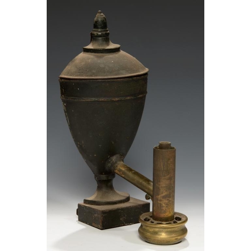 630 - AN ENGLISH BLACK JAPANNED  VASE  SHAPED COLZA WALL LAMP,  C1840 the hemispherical vase shaped box wi... 