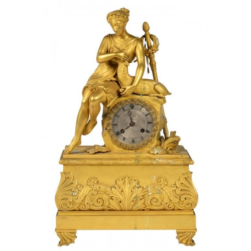 636 - A LOUIS PHILIPPE  ORMOLU MANTEL CLOCK, C1840 with the seated figure of a maiden embracing a kid, her... 