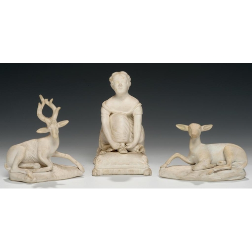 64 - A PAIR OF DERBY MINIATURE BISCUIT PORCELAIN MODELS OF A STAG AND DOE AT LODGE, C1790  5 and 7.5cm h ... 