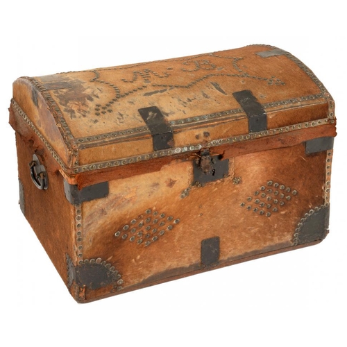 641 - A NORTHERN EUROPEAN BRASS NAILED AND GOATSKIN COVERED TRAVELLING TRUNK the lid with the initials MB,... 