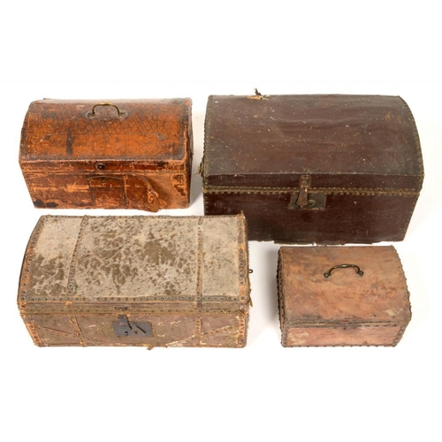 643 - FOUR DICED LEATHER, VELLUM, GOATSKIN OR LEATHER CLOTH COVERED TRUNKS, EARLY 19TH C  various sizes, l... 