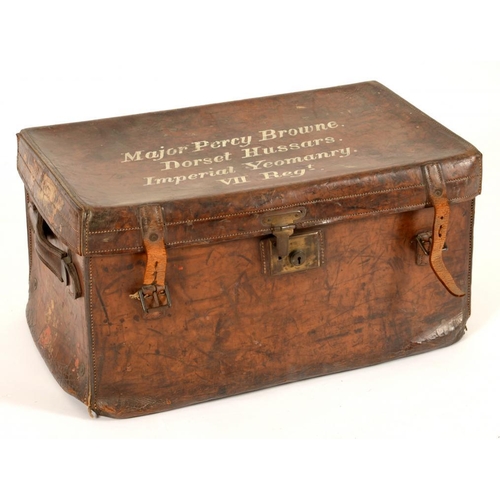 644 - A VICTORIAN STITCHED TAN LEATHER TRAVELLING TRUNK, C1900   the lid painted in white Major Percy Brow... 