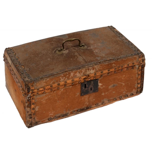 647 - A BRASS NAILED AND LEATHER TRIMMED GOATSKIN COVERED   TRAVELLING TRUNK, EARLY 19TH C the interior in... 