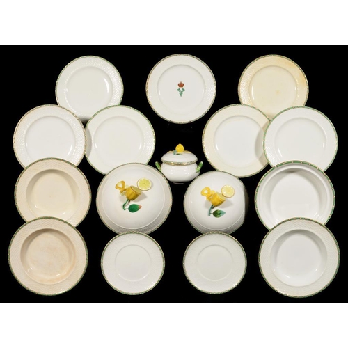 65 - A BODLEY BONE CHINA BASKET MOULDED PART DINNER SERVICE, one plate emblazoned with crown and initial ... 