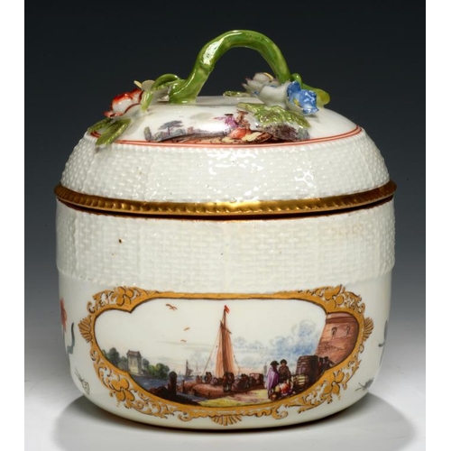 68 - A MEISSEN SUGAR BOX AND COVER, C1750  with osier moulded borders, painted quartelobed panels with la... 