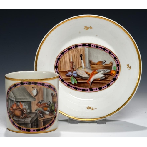 69 - A HOCHST COFFEE CAN AND SAUCER, EARLY 19TH C  painted with a kitchen or larder interior, pink husk f... 