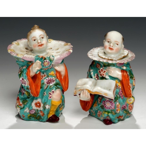 70 - A PAIR OF MEISSEN CHINOISERIE INK AND POUNCE POTS FROM A WRITING SET, 19TH C  as a boy and girl,  th... 