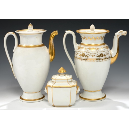 74 - TWO FRENCH EMPIRE WHITE AND GILT COFFEE POTS AND COVERS AND A SUGAR BOX AND COVER, PROBABLY PARIS, E... 