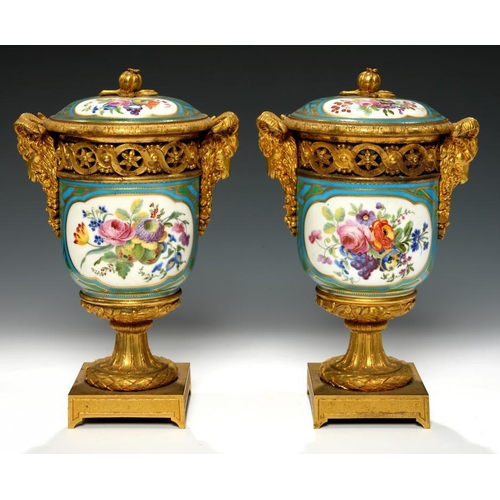 77 - A PAIR OF FRENCH ORMOLU MOUNTED SEVRES STYLE   POT POURRI VASES AND COVERS,   C1880 with melon knop ... 