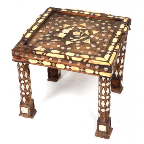 781 - A MOORISH BONE AND MOTHER OF PEARL INLAID STAND OR SMALL TABLE, 19TH C  30cm h; 30 x 32cm... 