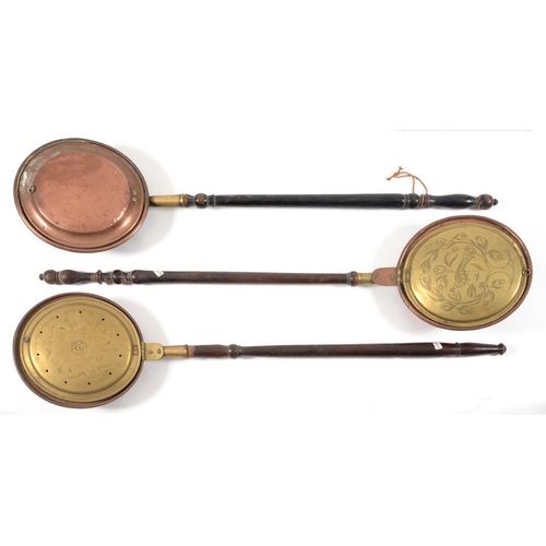 787 - THREE VICTORIAN COPPER AND BRASS WARMING PANS, EARLY-MID 19TH C  various lengths