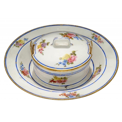 80 - A SEVRES BUTTER TUB AND COVER, 1760  painted with scattered bouquets in blue and gilt lines and dent... 