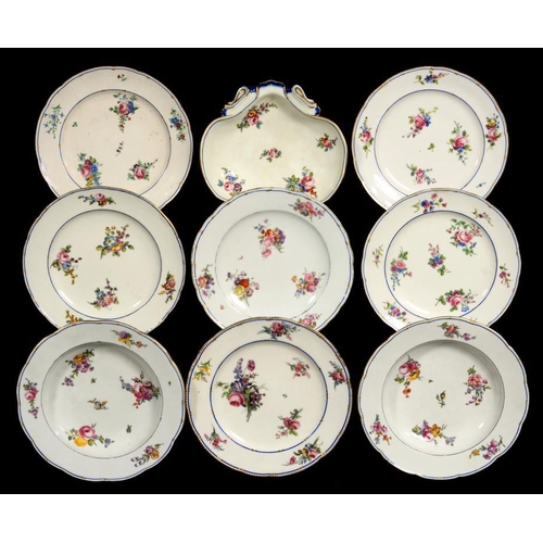 84 - SIX S�VRES PLATES, TWO SOUP PLATES AND A SHELL SHAPED DISH, 1770S AND C  painted with loose bouquets... 