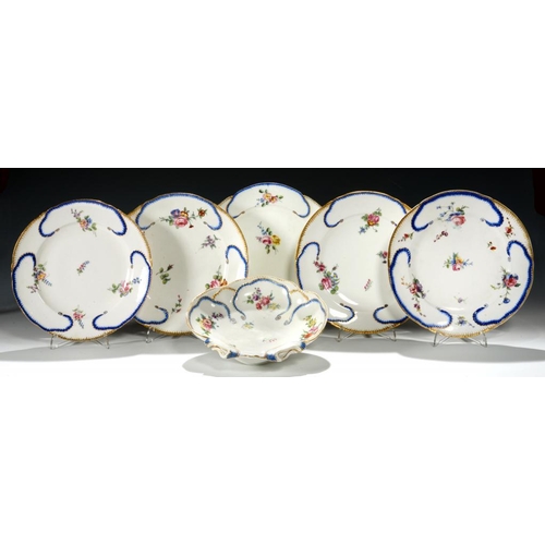 85 - FIVE S�VRES FEUILLE DE CHOUX  PLATES AND A SHELL SHAPED DISH, 1756/7-1780S painted with scattered bo... 