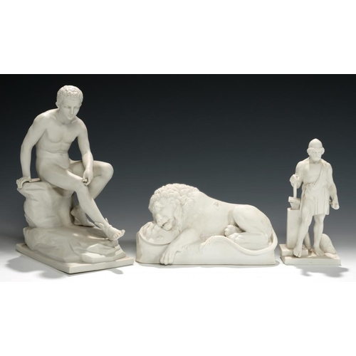 92 - A COPENHAGEN BISCUIT PORCELAIN MODEL OF THE DYING LION AFTER THORVALDSEN, 19TH C  11cm h, impressed ... 