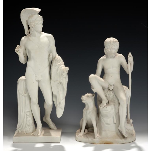 93 - TWO COPENHAGEN BISCUIT PORCELAIN STATUETTES OF JASON WITH THE GOLDEN FLEECE AND THE SHEPHERD BOY AFT... 