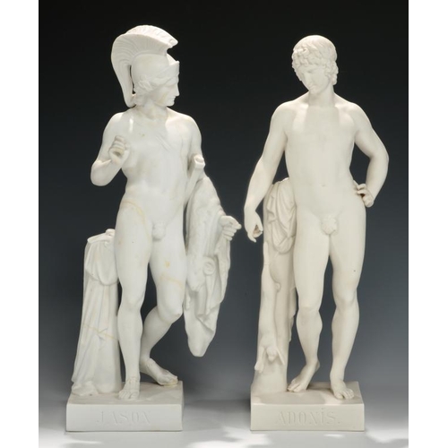 94 -  A PAIR OF DANISH BISCUIT PORCELAIN STATUETTES OF JASON AND ADONIS AFTER THORVALDSEN,  PROBABLY COPE... 