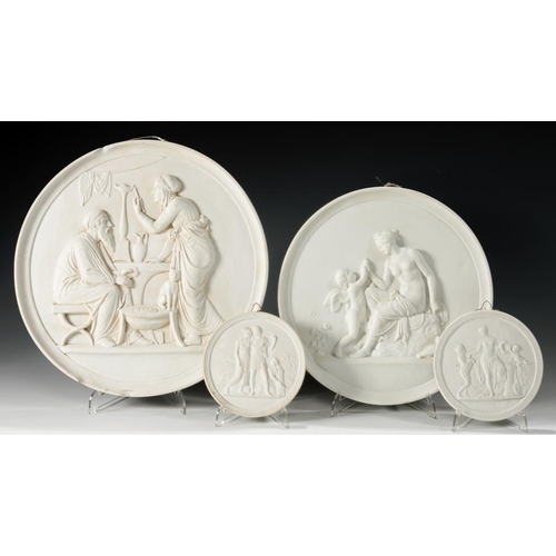 97 - FOUR COPENHAGEN BISCUIT PORCELAIN BAS RELIEFS, 19TH C  of Childhood, Youth, Old Age and Cupid compla... 