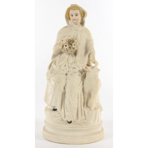 211 - A VICTORIAN PARIAN WARE FIGURE OF A SEATED SHERPHERDESS, 29CM H, C1870