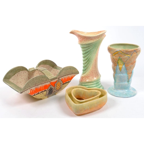 212 - AN ART DECO CZECHOSLOVAKIAN EARTHENWARE BASKET, 28CM L, C1930, A SYLVAC VASE AND AND TWO OTHER ITEMS