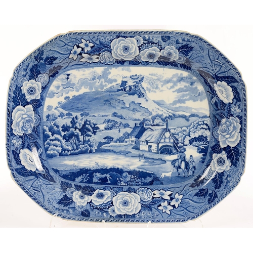 213 - A BLUE PRINTED EARTHENWARE MONK'S ROCK SERIES CARREG CENNEN CASTLE PATTERN MEAT DISH WITH WATER MILL... 