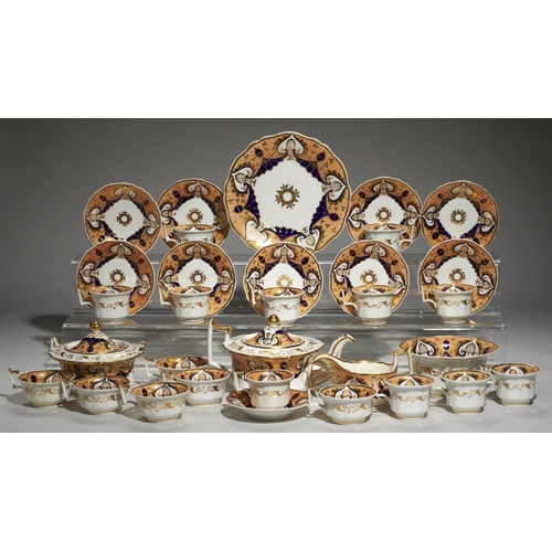 192 - A JOHN RIDGWAY TEA AND COFFEE SERVICE, C1825, DECORATED WITH ANTHEMION AND FOLIAGE IN BLUE AND SALMO... 