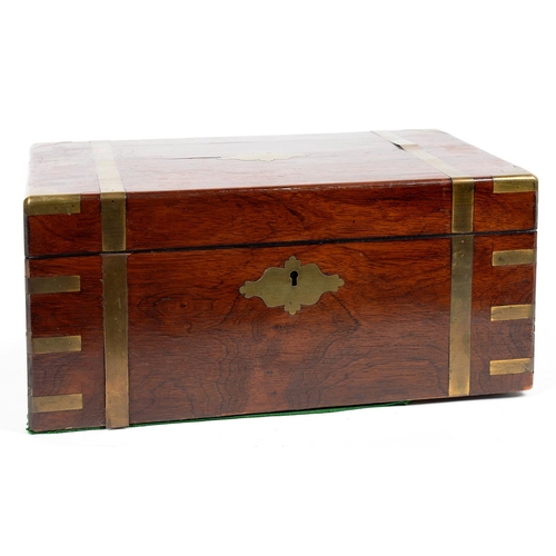 337 - A VICTORIAN BRASS BOUND ROSEWOOD WRITING BOX WITH FITTED INTERIOR AND BRASS CAPPED GLASS WELL BY PAR... 