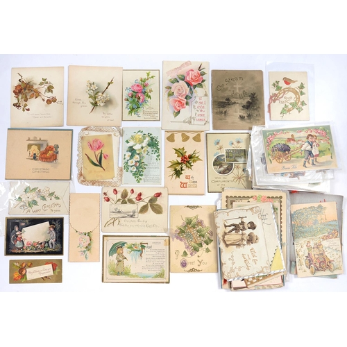 313B - A COLLECTION OF MAINLY VICTORIAN CHROMO AND LATER GREETINGS CARDS, POSTCARDS, A VALENTINE CARD, SCRA... 