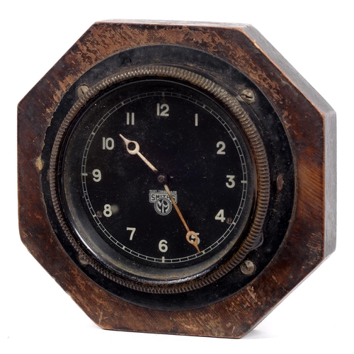 313C - A SMITH'S DASHBOARD CLOCK WITH BLACK DIAL, WHITE CHAPTERS AND HANDS, BEZEL 8.5CM H, MOUNTED IN STAIN... 