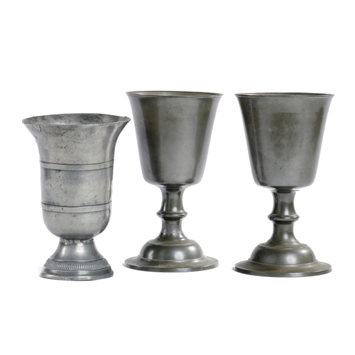 340 - A PAIR OF SCOTTISH PEWTER COMMUNION CUPS, LATE 18TH C, 22CM H AND ANOTHER WITH BANDED BELL SHAPED BO... 