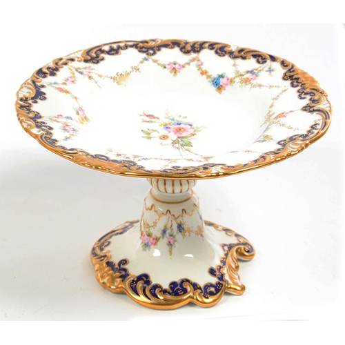 183 - A ROYAL CROWN DERBY COMPORT WITH LIGHTLY MOULDED COBALT AND GILT BORDER AND DECORATED WITH FESTOONS,... 