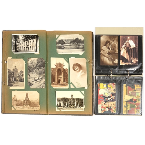 340 - A COLLECTION OF PICTURE POSTCARDS IN EARLY 20TH C ALBUM AND 1960'S COLLECTA BINDER, INCLUDING REAL P... 