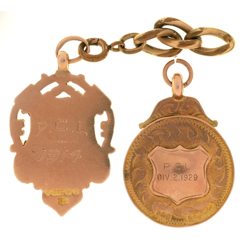 19 - TWO 9CT GOLD SPORTING MEDALS, ONE INSCRIBED PCL 1914, THE OTHER INSCRIBED CH PORTER PCL DIV 2 1929, ... 