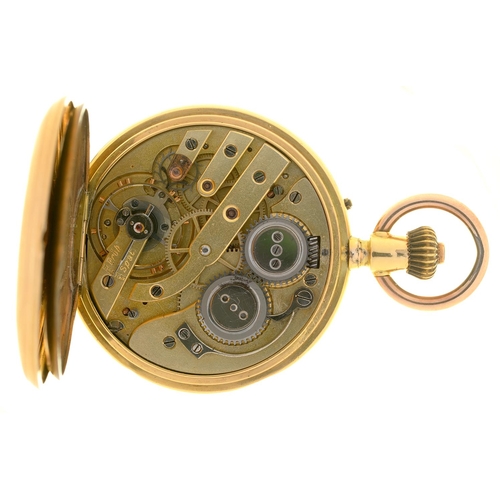 20 - A GOLD HUNTING CASED KEYLESS LEVER WATCH, MARKED 18K, NUMBERED 129376, SWISS MOVEMENT, 4.8 CM, 84.5G