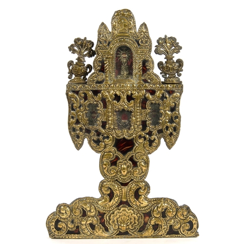 264 - AN IBERIAN EMBOSSED BRASS MOUNTED BLACK PAINTED WOOD DOMESTIC TABERNACLE, 52CM H, 19TH C