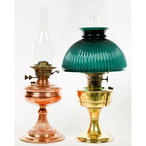 266 - TWO EDWARDIAN BRASS OIL LAMPS, ONE WITH CASED GLASS SHADE, 45CM H EXCLUDING CHIMNEY