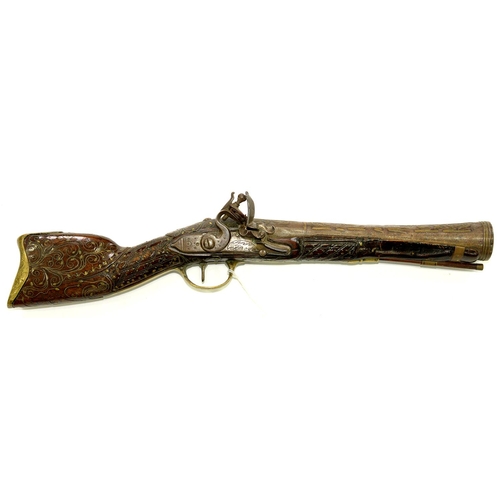 271 - AN 18TH C STYLE FLINTLOCK BLUNDERBUSS, EARLY 20TH C, INCORPORATING EARLIER ELEMENTS, 49CM L