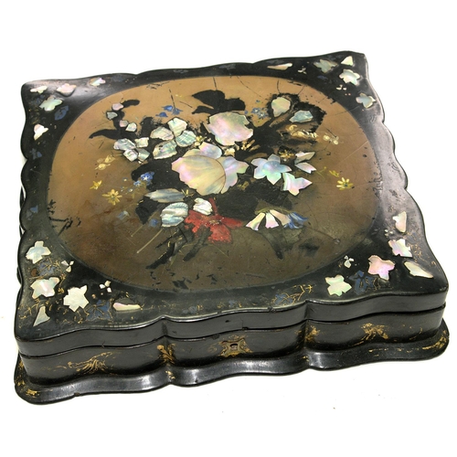 273A - A VICTORIAN PAPIER MACHE JEWEL BOX, INLAID IN MOTHER OF PEARL AND PAINTED WITH FLOWERS, FITTED INTER... 