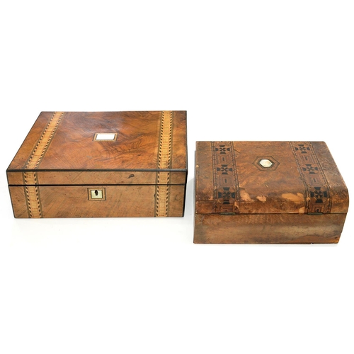 283 - A VICTORIAN INLAID WALNUT WRITING BOX WITH COLOURED STRAW WORK BANDS, (DAMAGED) INTERIOR, 35CM L AND... 