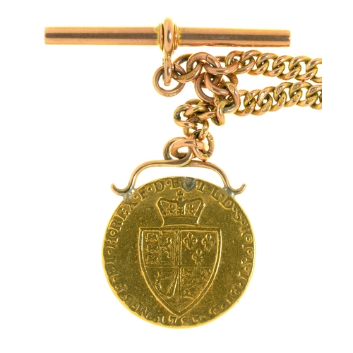 7 - A 9CT GOLD ALBERT AND T-BAR WITH GOLD COIN, 38.5CM L OVERALL, LINKS INDIVIDUALLY MARKED, THE SPADE G... 