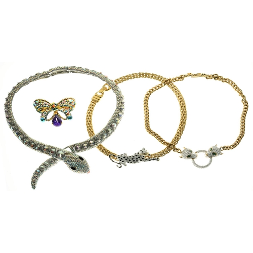 88 - FOUR PIECES OF BUTLER & WILSON DIAMANTE JEWELLERY, COMPRISING A SNAKE COLLAR, A LEOPARD NECKLACE... 