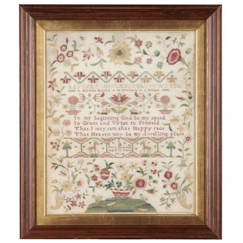 633 - A ENGLISH LINEN SAMPLER, 1768 worked in well preserved silks with central inscription and motifs inc... 