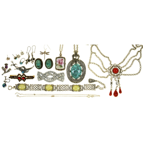 100 - MISCELLANEOUS SILVER AND COSTUME JEWELLERY, TO INCLUDE TURQUOISE PENDANT AND EARRINGS, ETC,