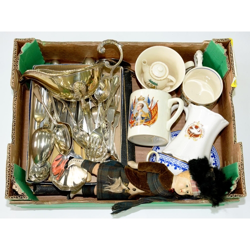 118 - MISCELLANEOUS PLATED FLATWARE, COMMEMORATIVE CHINA AND A HIGHLAND DOLL