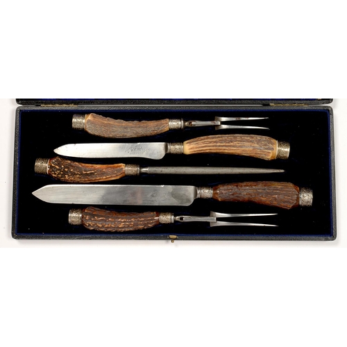 119 - A FIVE PIECE ANTLER HAFTED CARVING SET, BY THE ALEX R CLARK MFG CO, CASED, EARLY 20TH C