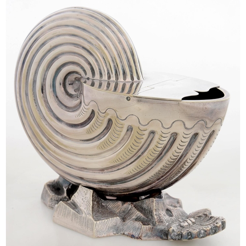 128 - A VICTORIAN EPNS NAUTILUS SHAPED SPOON WARMER, 15 CM H, BY WALKER & HALL, LATE 19TH C