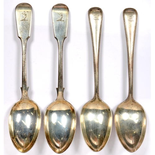 137 - TWO PAIRS OF VICTORIAN SILVER SERVING SPOONS, BEADED OLD ENGLISH AND FIDDLE PATTERN, LONDON 1866 AND... 