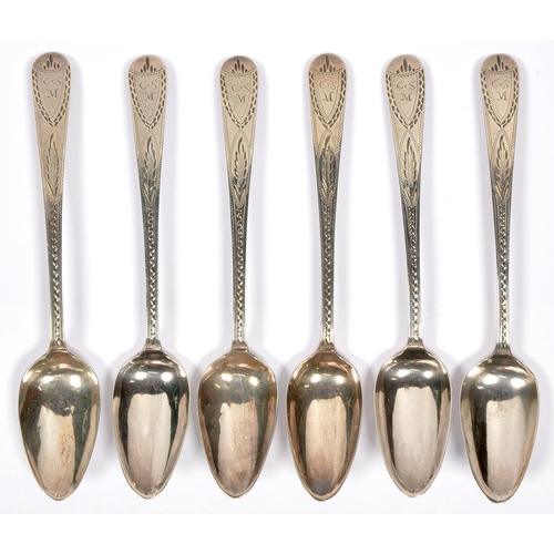 147 - SIX GEORGE III BRIGHT CUT SILVER TEASPOONS, POSSIBLY BY THOMAS WATSON, NEWCASTLE, NO DATE LETTER, 2O... 